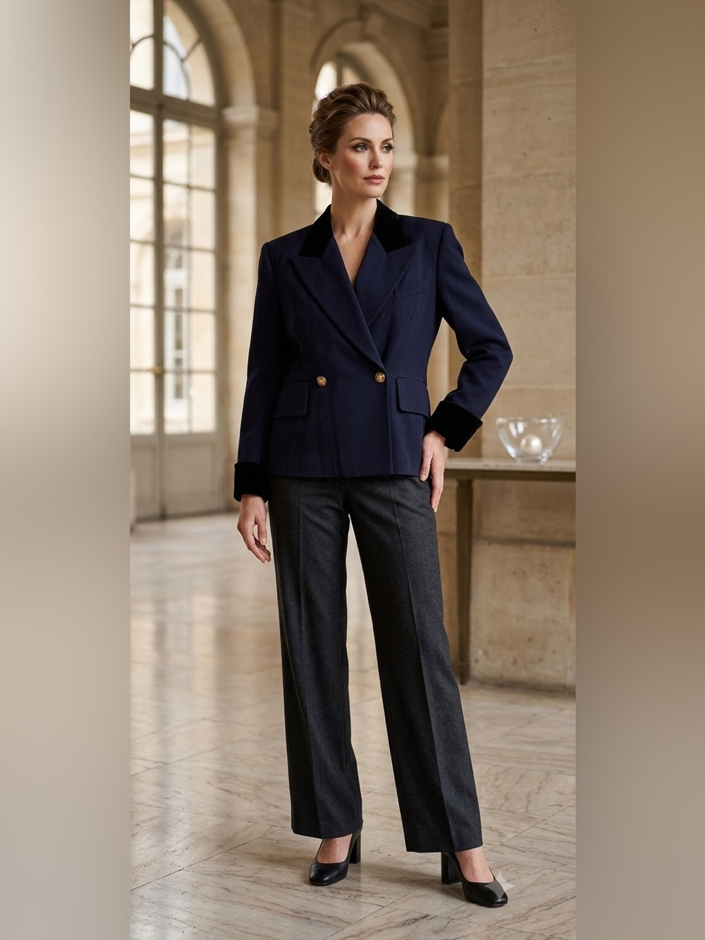 Myrene De Premonville Paris Vintage Double Breast Blazer Velvet Trim Gold Button